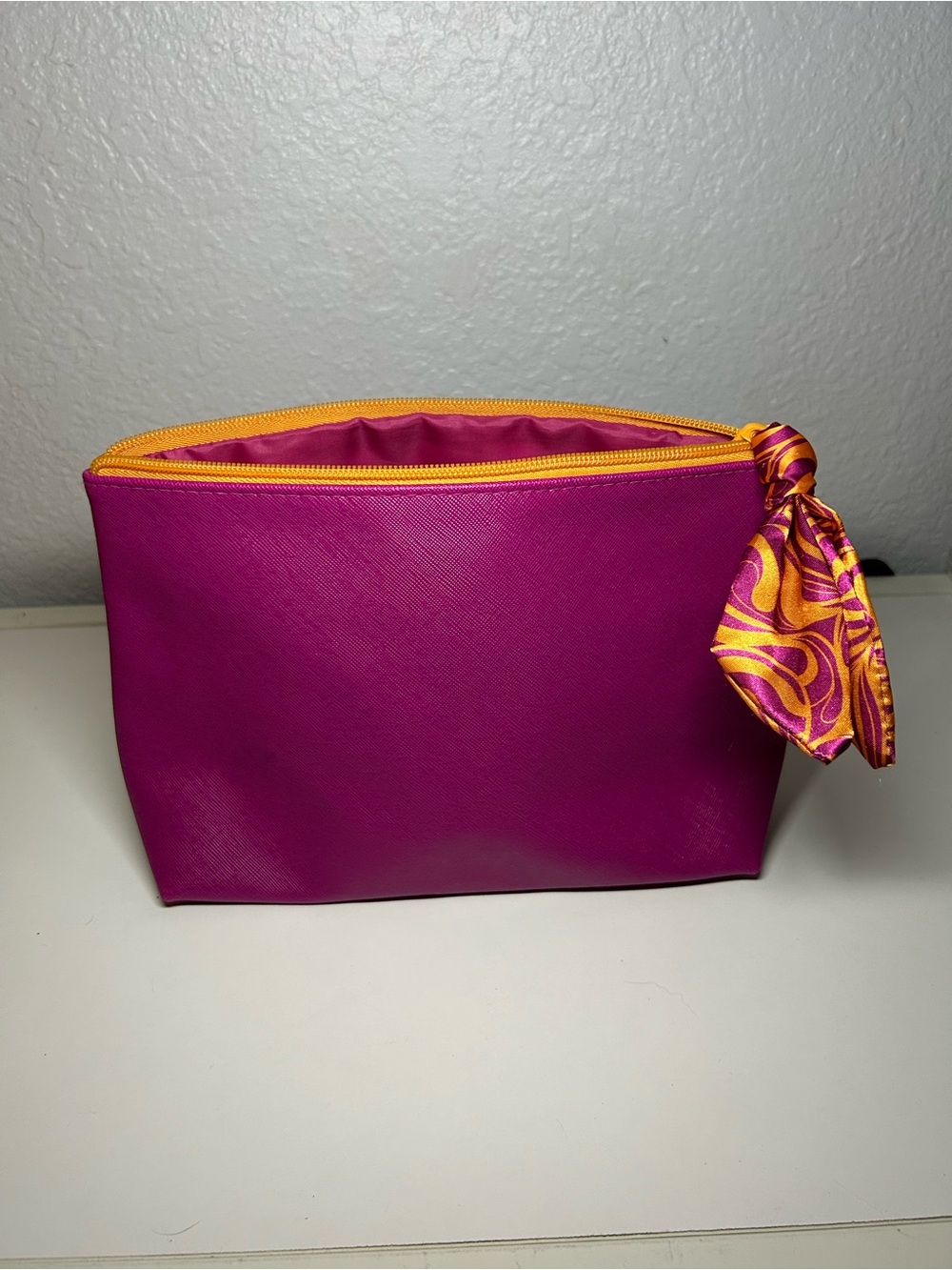 Magenta Cosmetic Pouch with Gold Zip and Scarf Accent